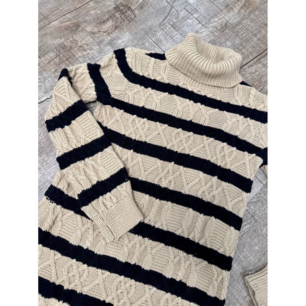 Rachel Zoe Tan Black Striped Cable Knit Turtleneck Sweater